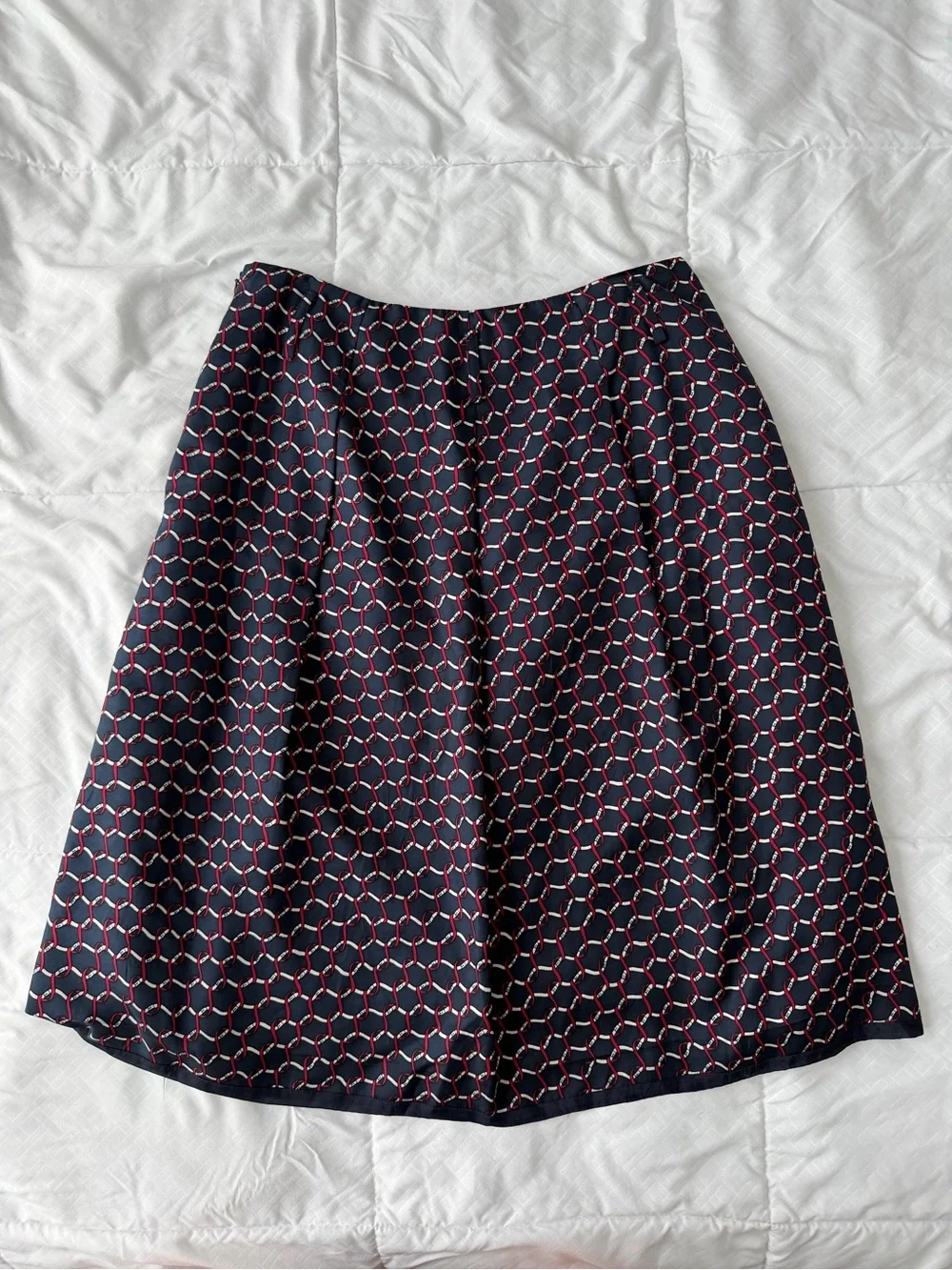 Vintage Talbots Pure Silk Printed A-Line Midi Skirt 12 Navy Red 90s Academia